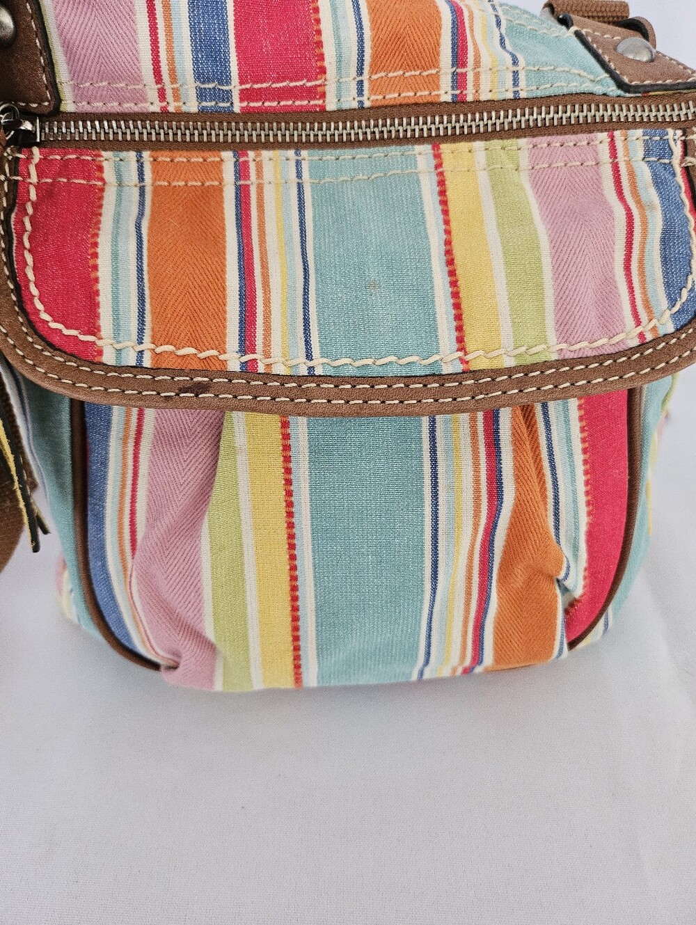 Fossil Watercolor Striped Organizer Denim Fabric Cross Body Purse W/fossil Key